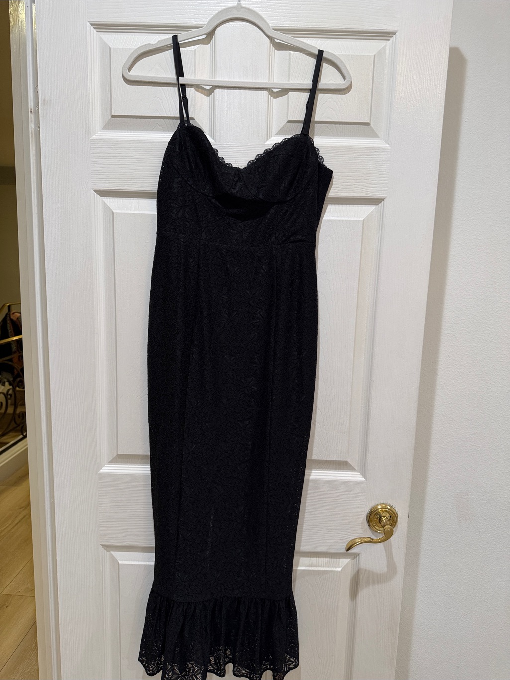 Reformation Black Lace Midi Slip Dress With Ruffle Trim